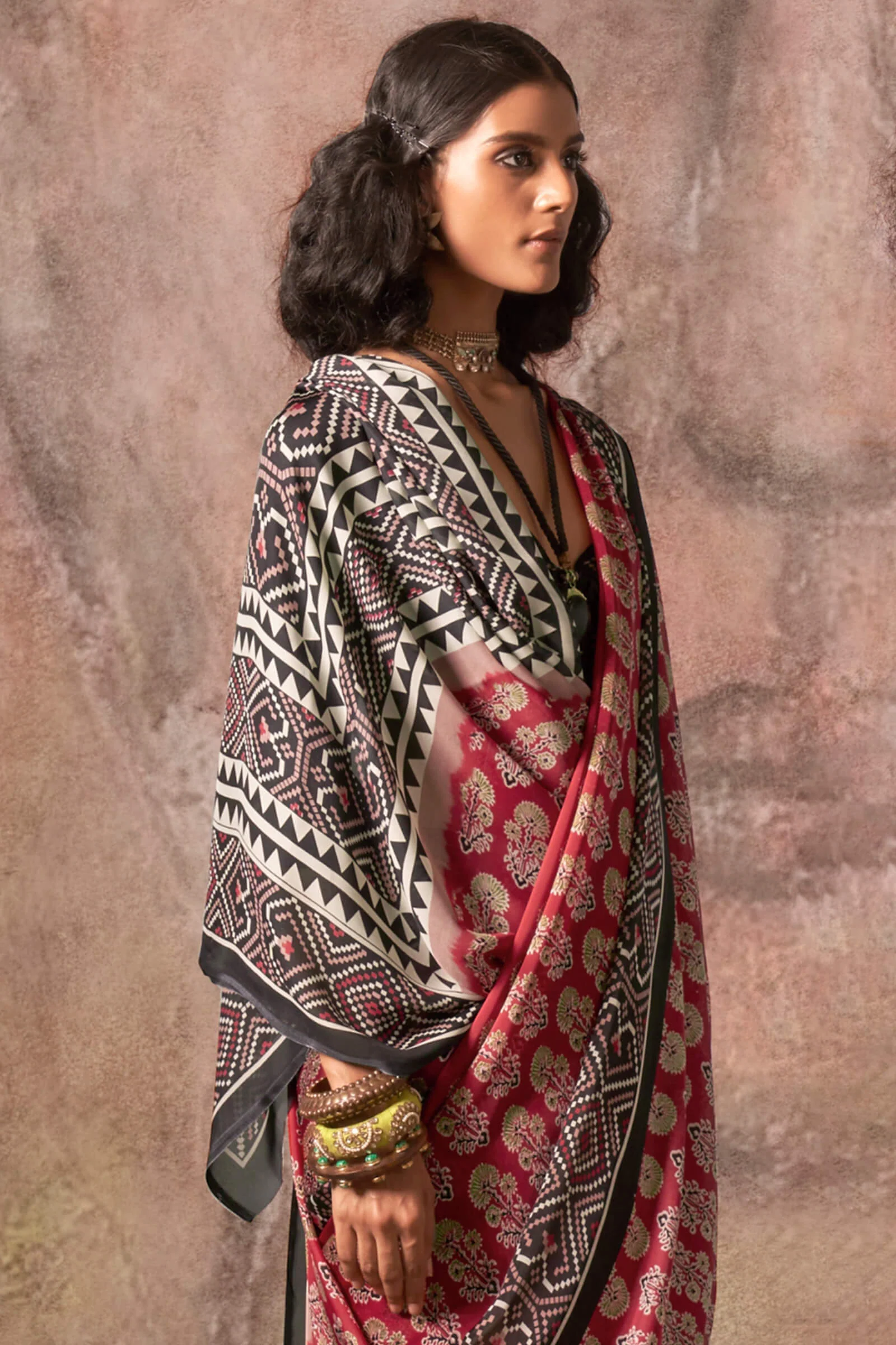 Demesne Red Ajrakh Printed Satin Silk Saree With Embrocation Blouse Piece - Image 3