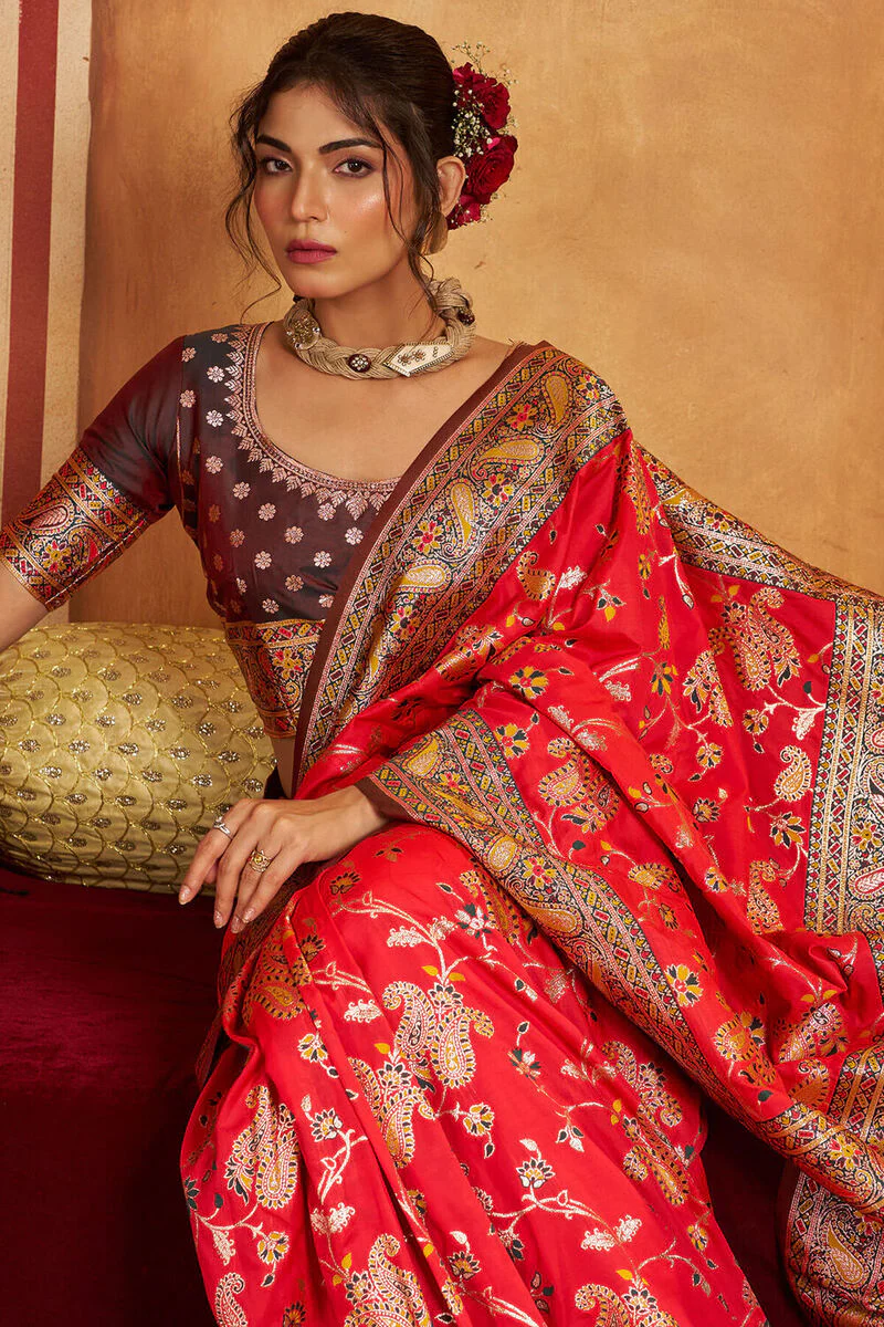 Demesne Red Pure Zari Weaving Banarasi Silk Saree With Lovely Blouse Piece - Image 2