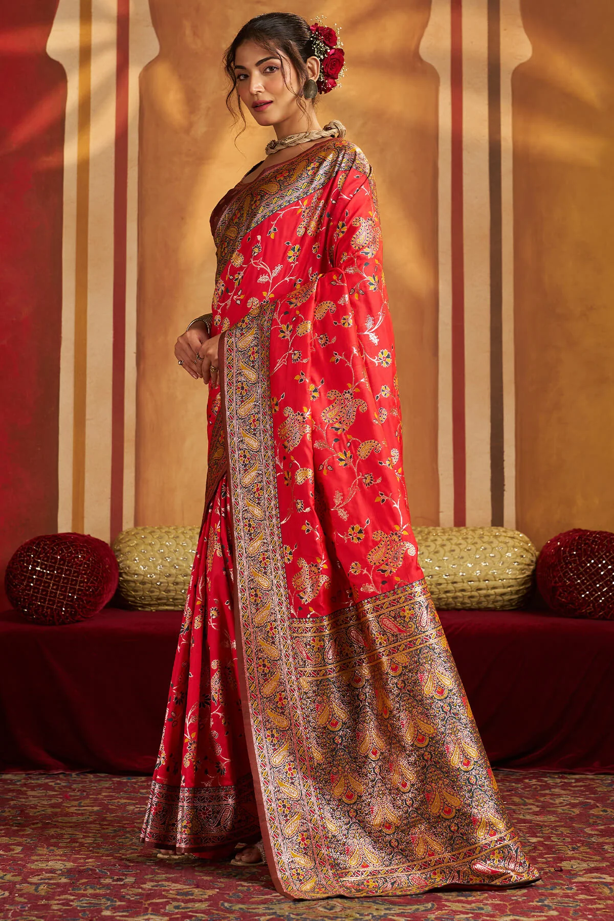 Demesne Red Pure Zari Weaving Banarasi Silk Saree With Lovely Blouse Piece - Image 3