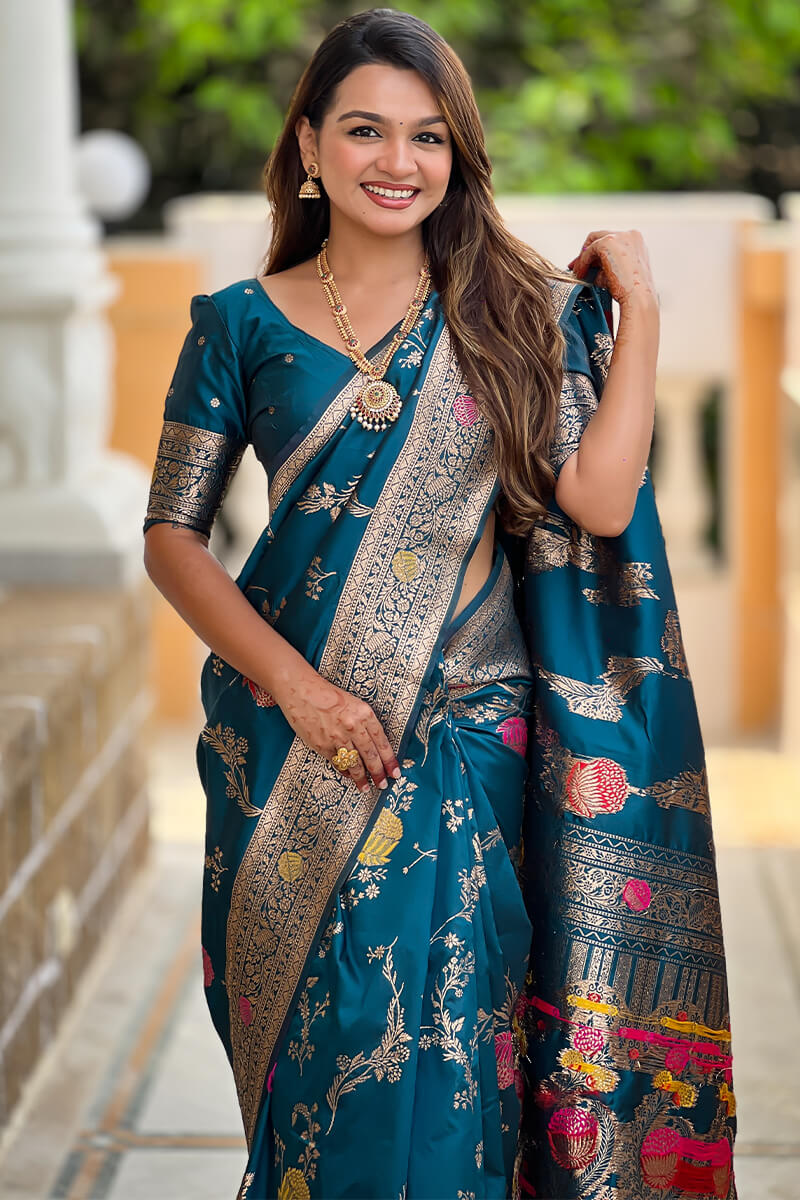 Demesne Teal Blue Soft Banarasi Silk Saree With Forbearance Blouse Piece - Image 2