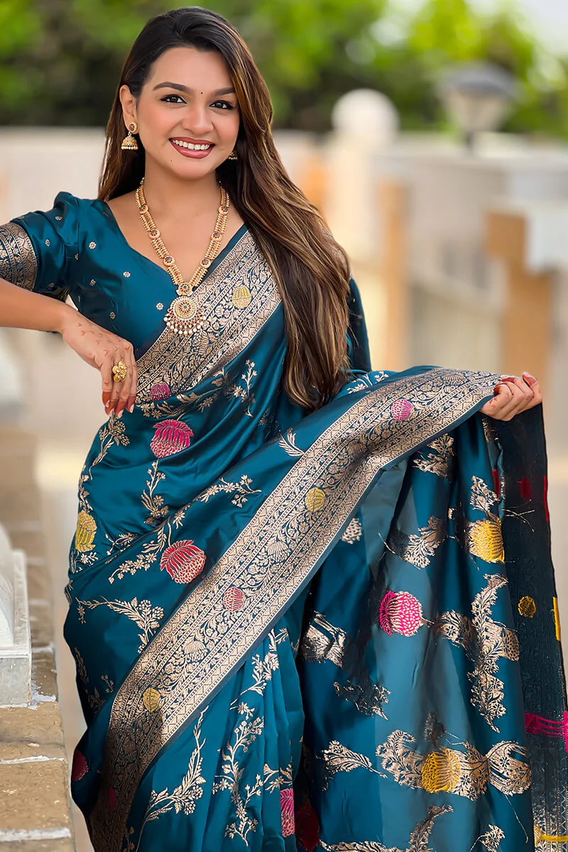 Demesne Teal Blue Soft Banarasi Silk Saree With Forbearance Blouse Piece - Image 3