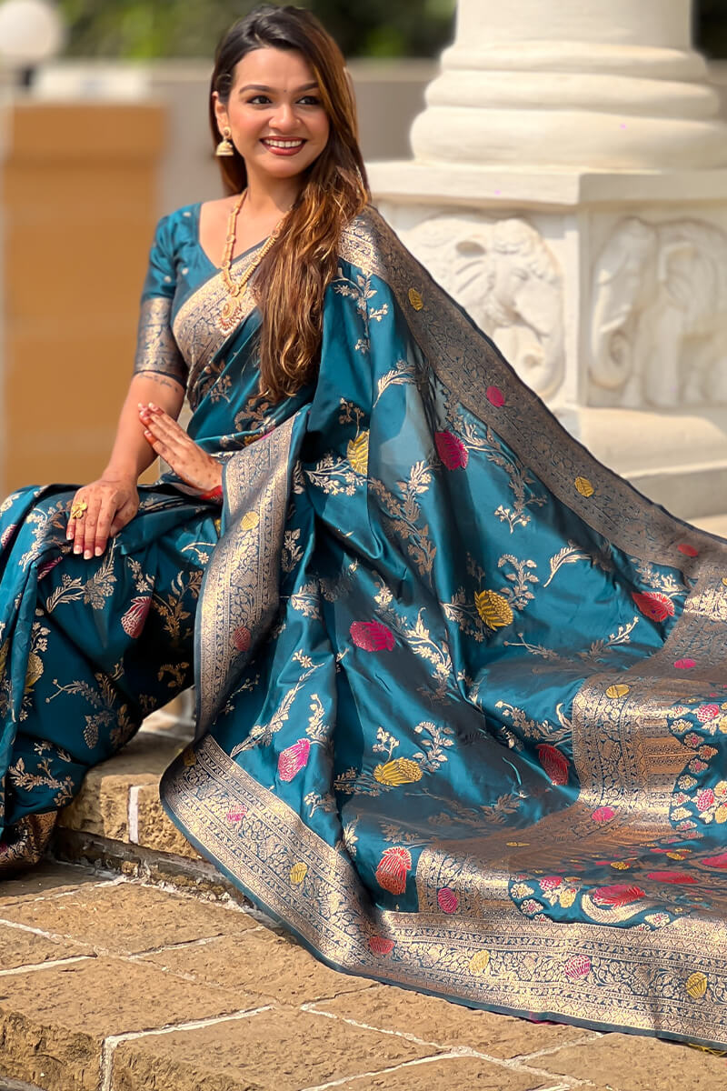 Demesne Teal Blue Soft Banarasi Silk Saree With Forbearance Blouse Piece - Image 4