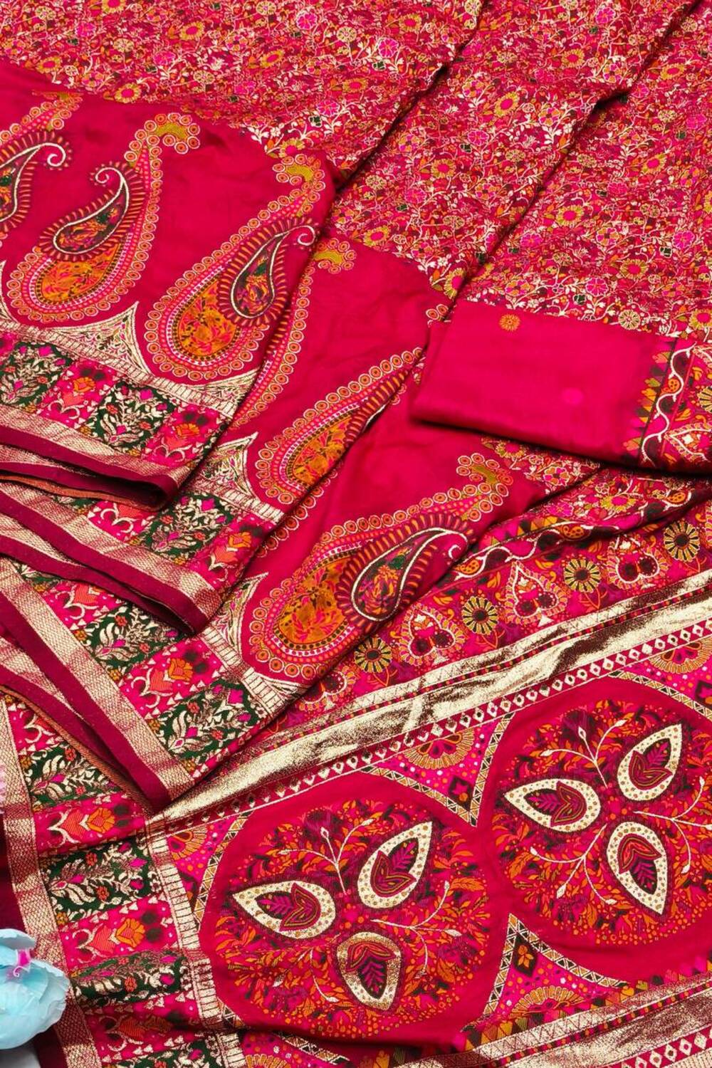 Demure Dark Pink Nylon Dola Pashmina Saree With Sophisticated Blouse Piece - Image 3