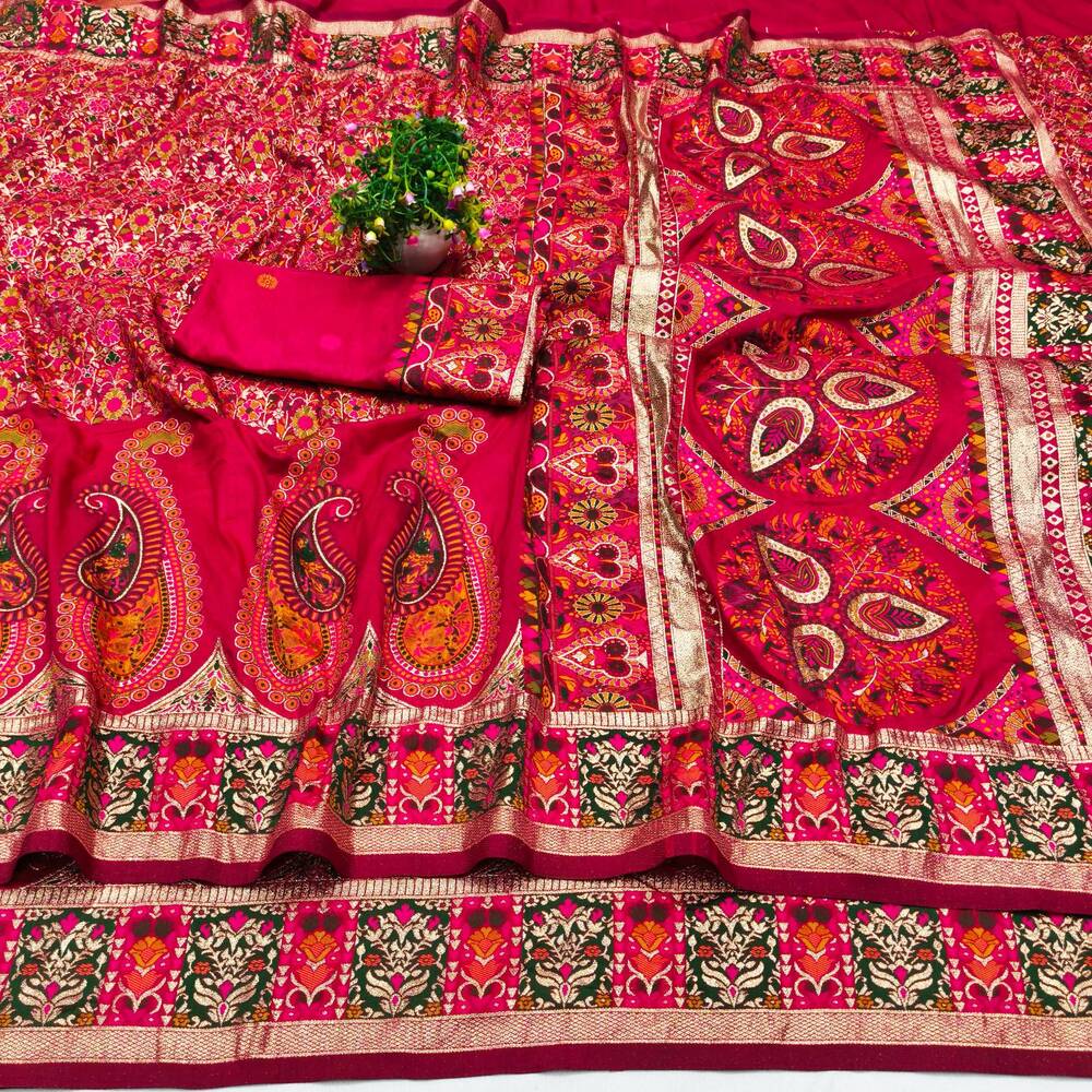 Demure Dark Pink Nylon Dola Pashmina Saree With Sophisticated Blouse Piece - Image 4