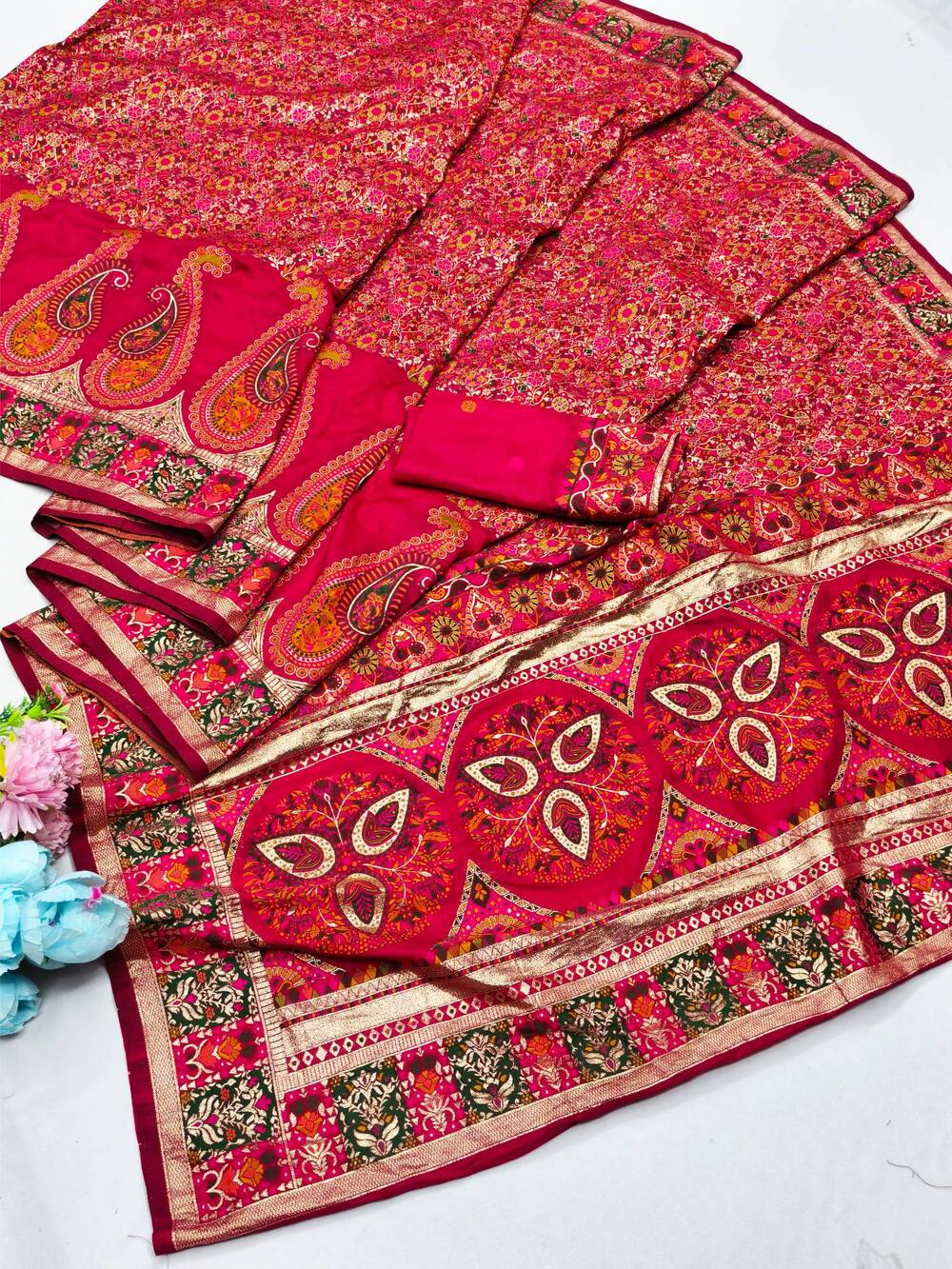 Demure Dark Pink Nylon Dola Pashmina Saree With Sophisticated Blouse Piece - Image 5