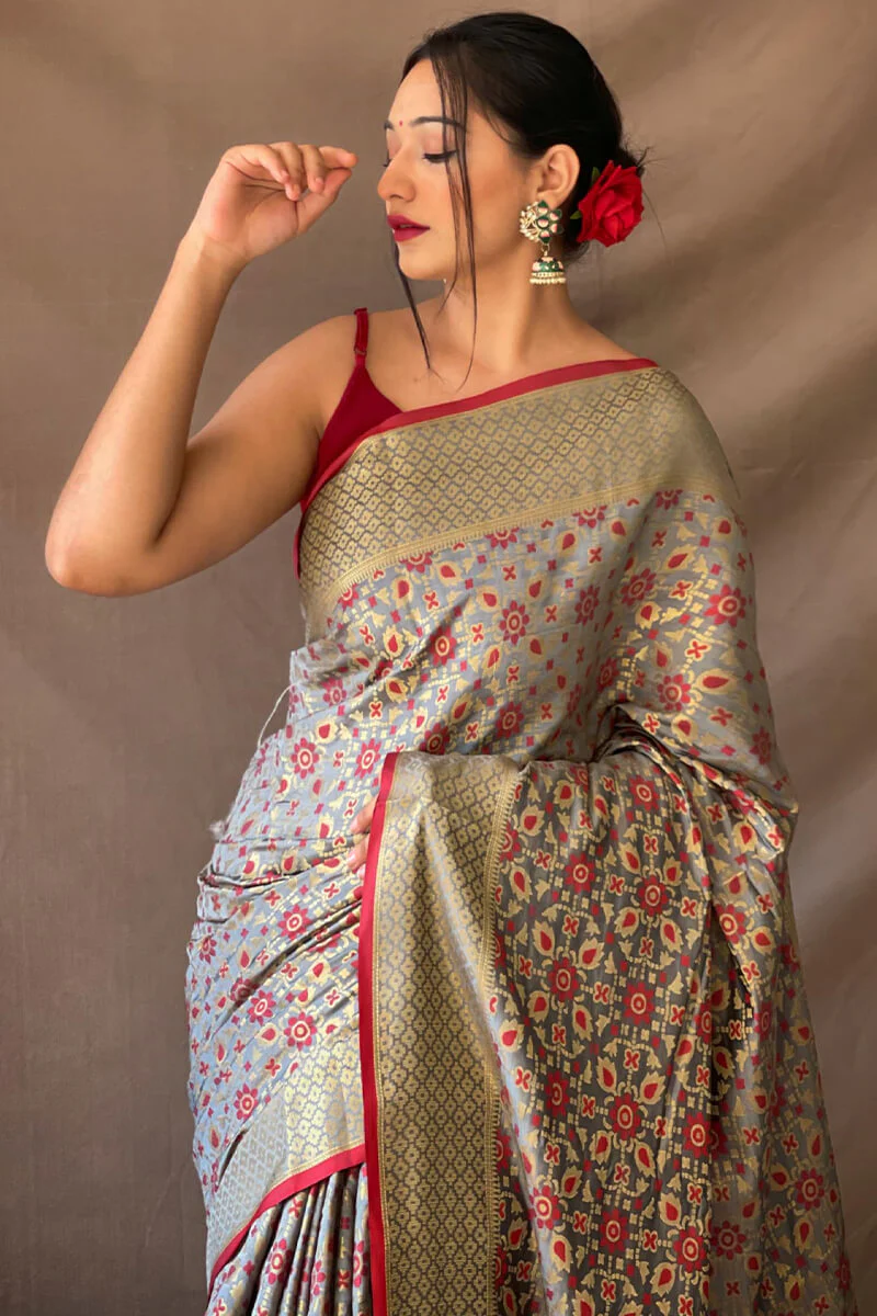 Demure Grey Patola Silk Saree with Panoply Blouse Piece - Image 2