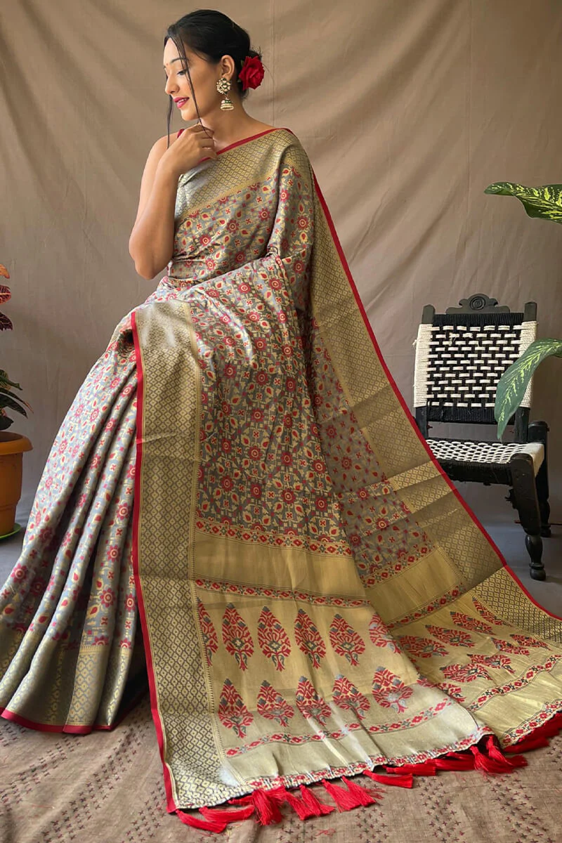 Demure Grey Patola Silk Saree with Panoply Blouse Piece - Image 3