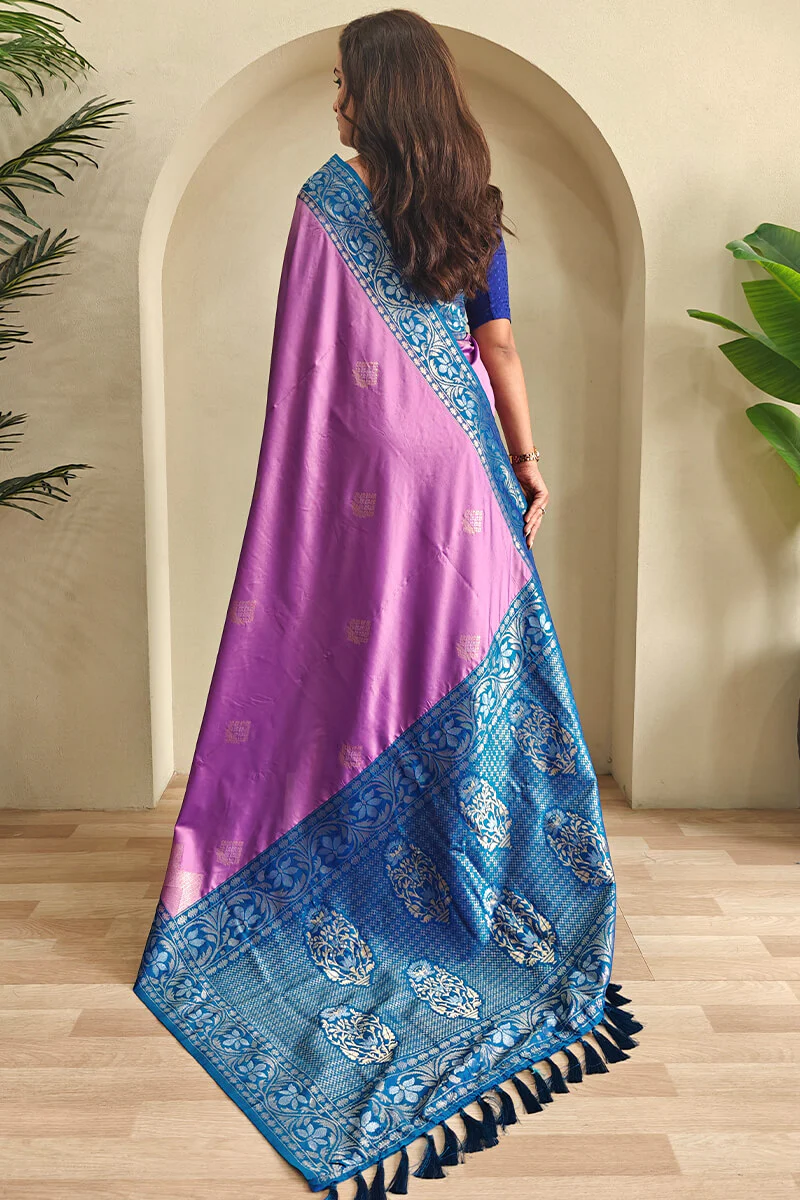 Demure Lavender Soft Banarasi Silk Saree With Evocative Blouse Piece - Image 3