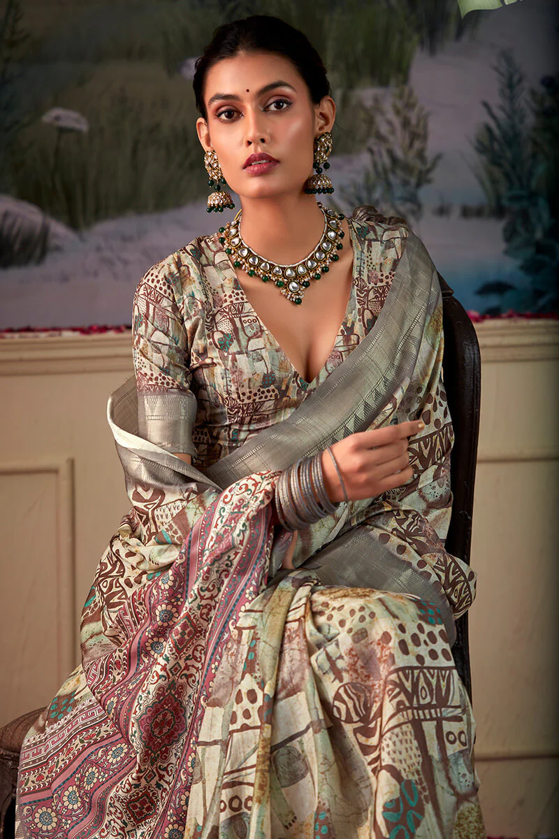 Demure Pista Digital Printed Tussar Silk Saree With Elision Blouse Piece - Image 2