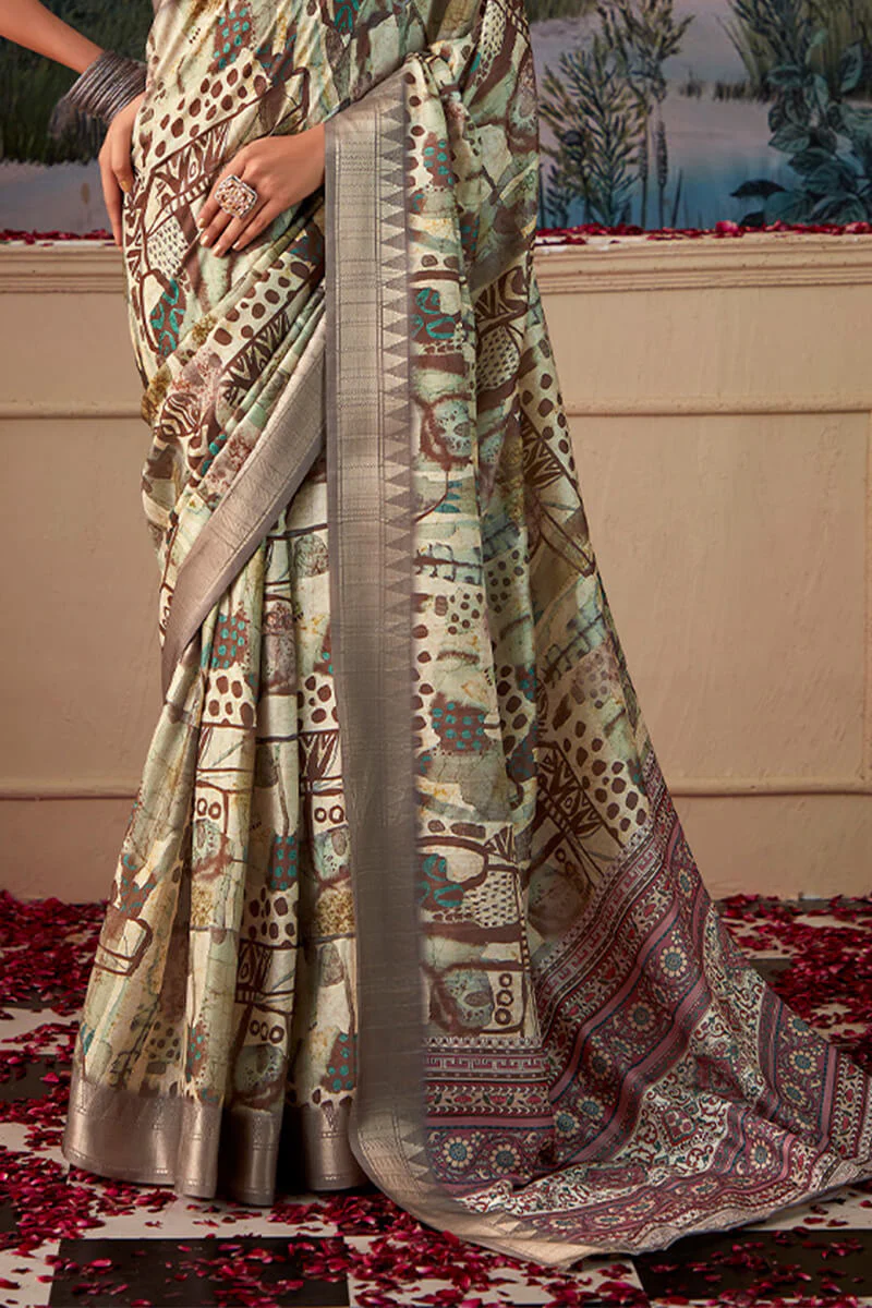 Demure Pista Digital Printed Tussar Silk Saree With Elision Blouse Piece - Image 3