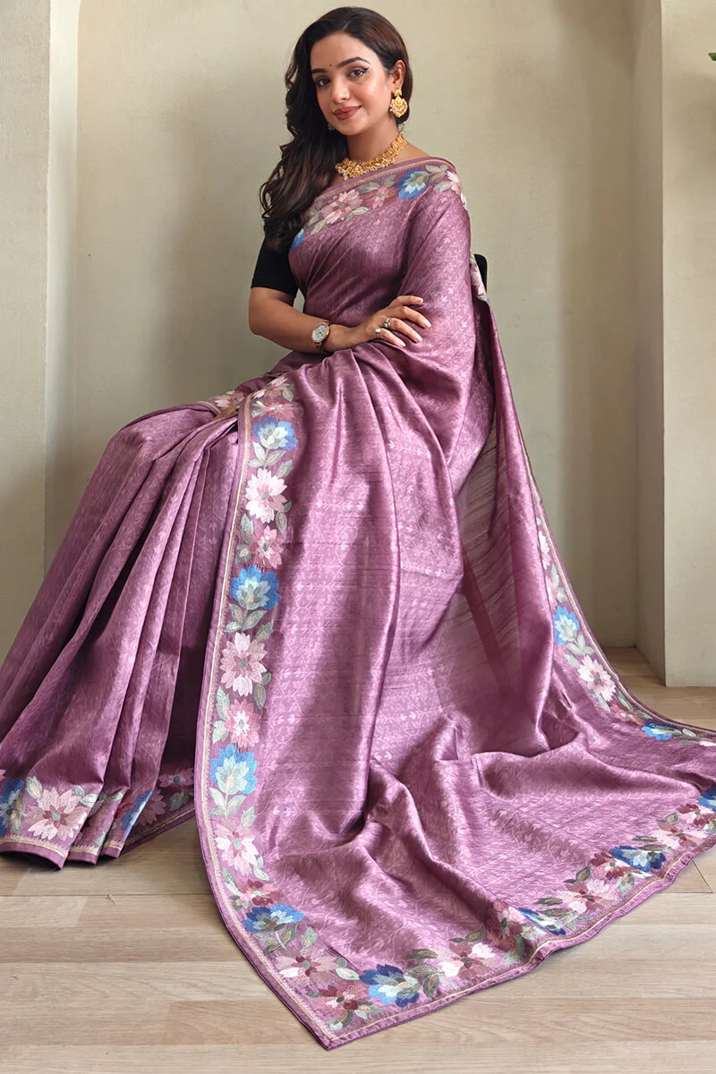 Demure Purple Embroidery Work Tussar Silk Saree With Extraordinary Blouse Piece - Image 2