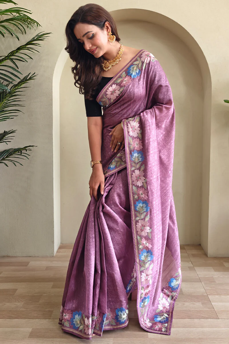 Demure Purple Embroidery Work Tussar Silk Saree With Extraordinary Blouse Piece - Image 3