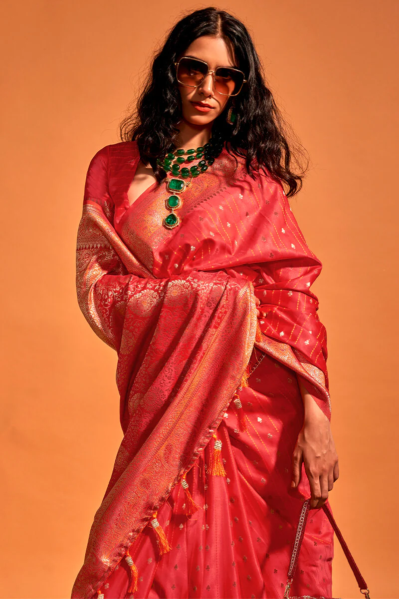 Demure Red Soft Banarasi Silk Saree With Vibrant Blouse Piece - Image 2