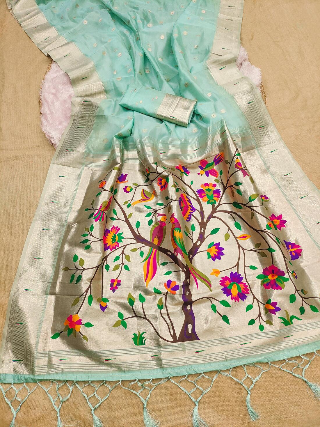 Demure Sky Paithani Silk Saree With Gleaming Blouse Piece - Image 2