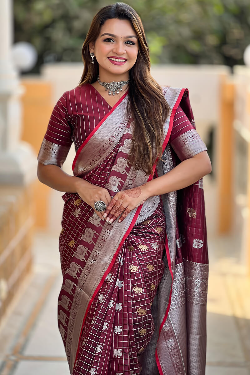 Demure Wine Soft Banarasi Silk Saree With Fancifull Blouse Piece - Image 2