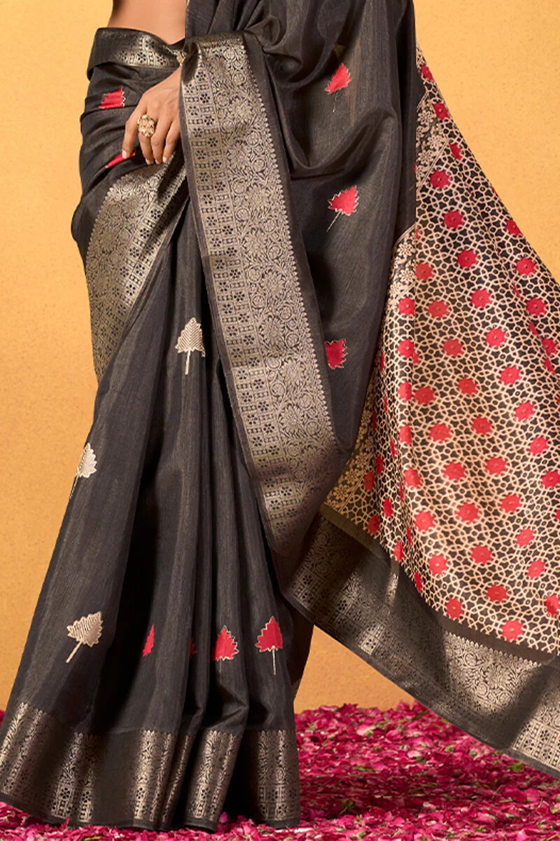 Denouement Black Foil Printed Dola Silk Saree With Snazzy Blouse Piece - Image 3
