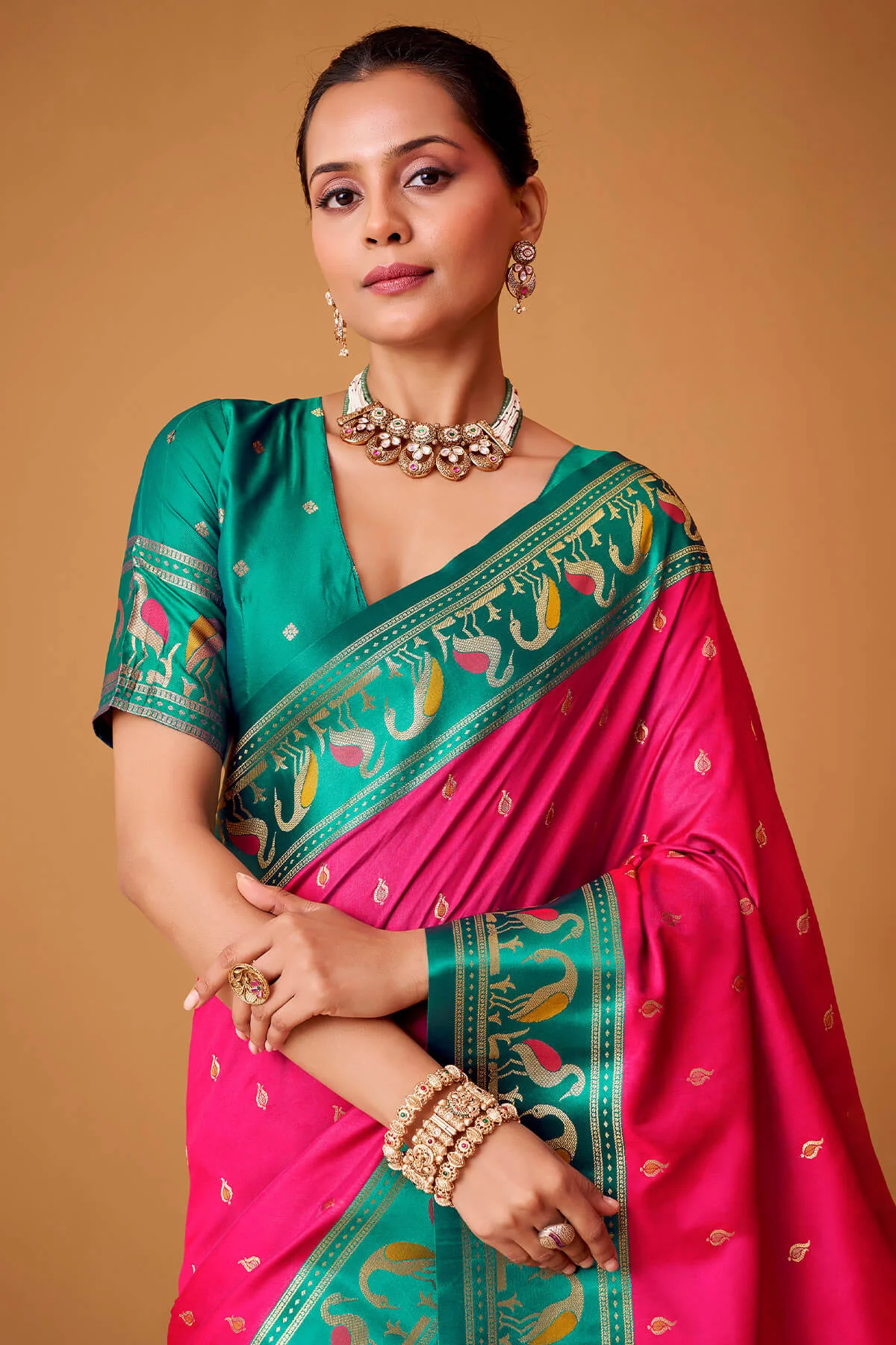 Denouement Dark Pink Banarasi Satin Silk Saree With Sumptuous Blouse - Image 2