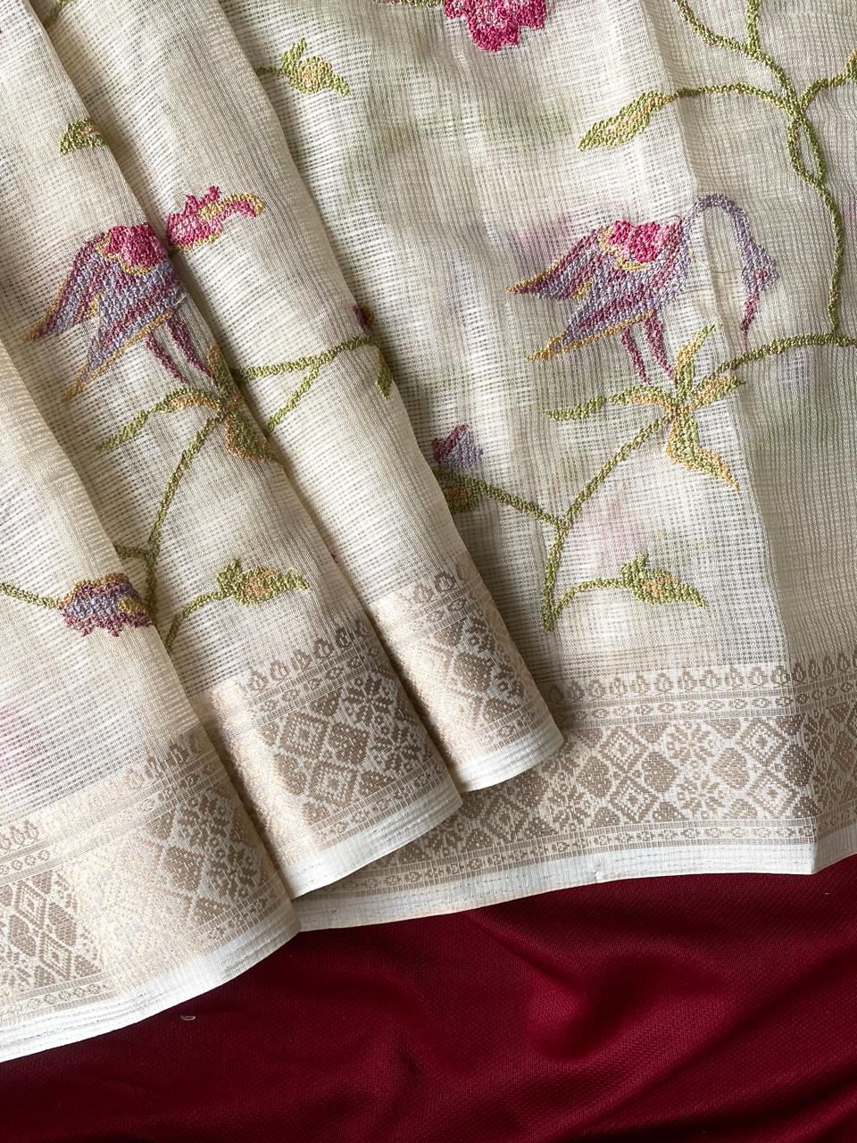 Denouement Off White Embroidery Work Kota Doria Saree With Entrancing Blouse Piece - Image 2