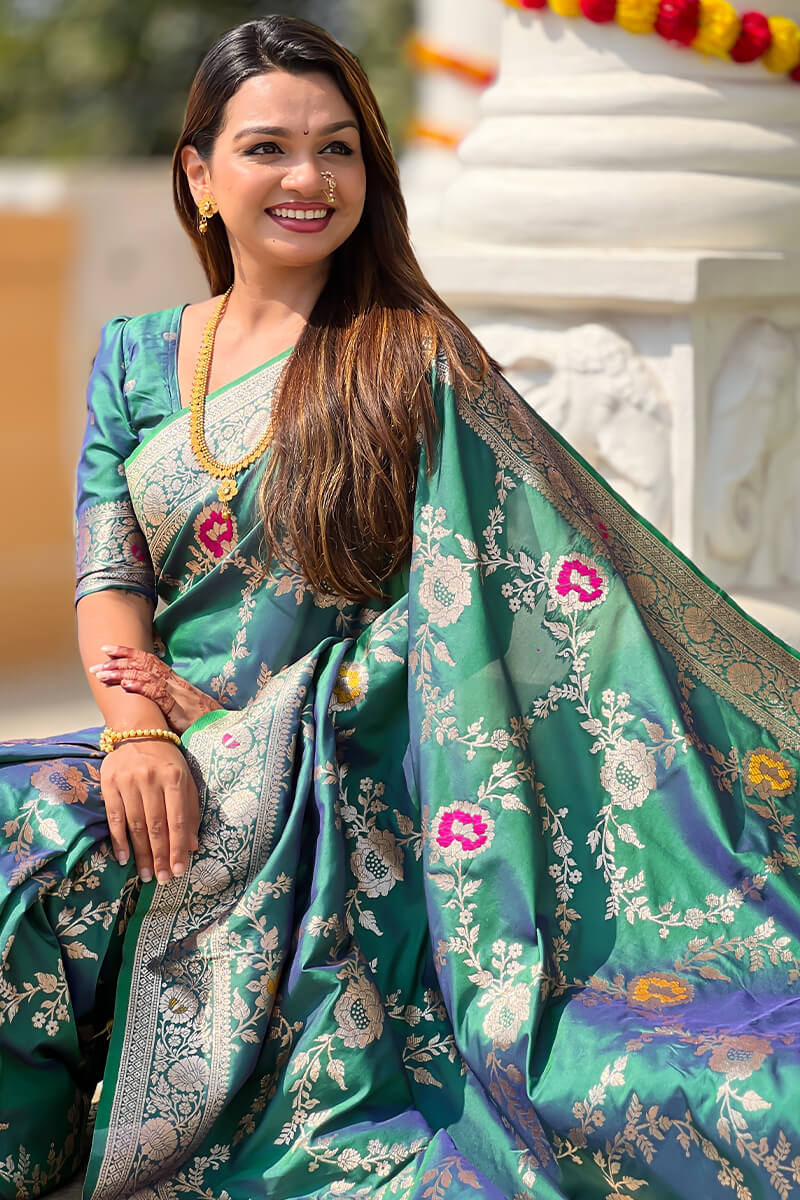 Denouement Rama Soft Banarasi Silk Saree With Fragrant Blouse Piece - Image 3