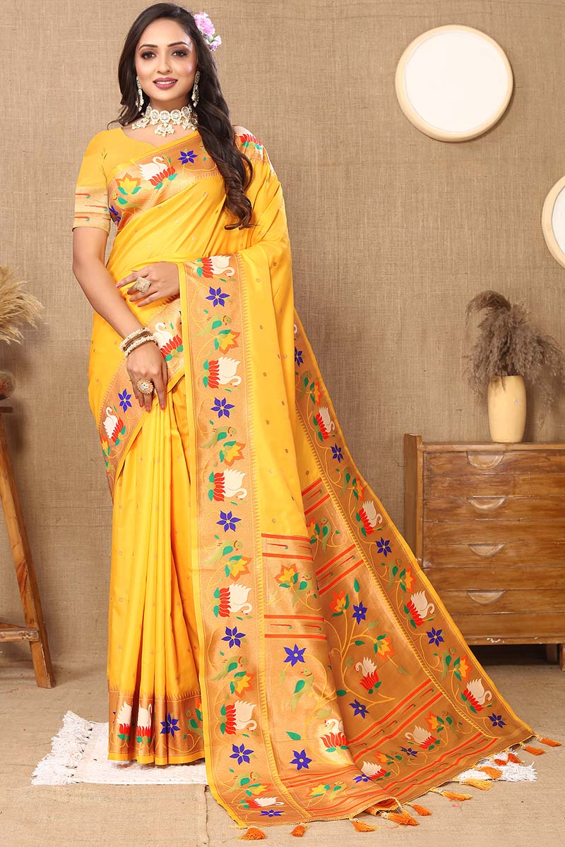 Denouement Yellow Paithani Silk Saree With Quintessential Blouse Piece - Image 3