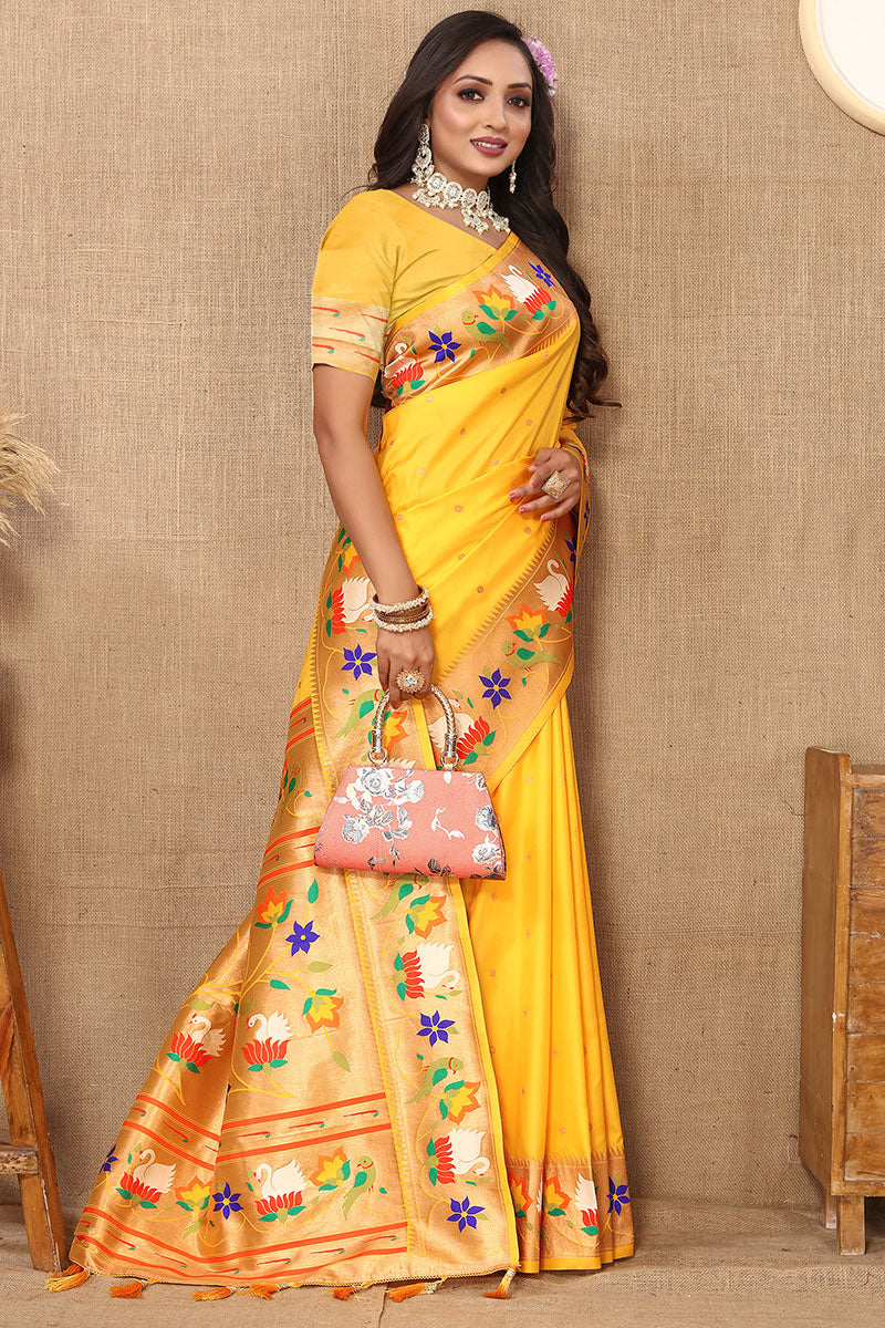 Denouement Yellow Paithani Silk Saree With Quintessential Blouse Piece - Image 4