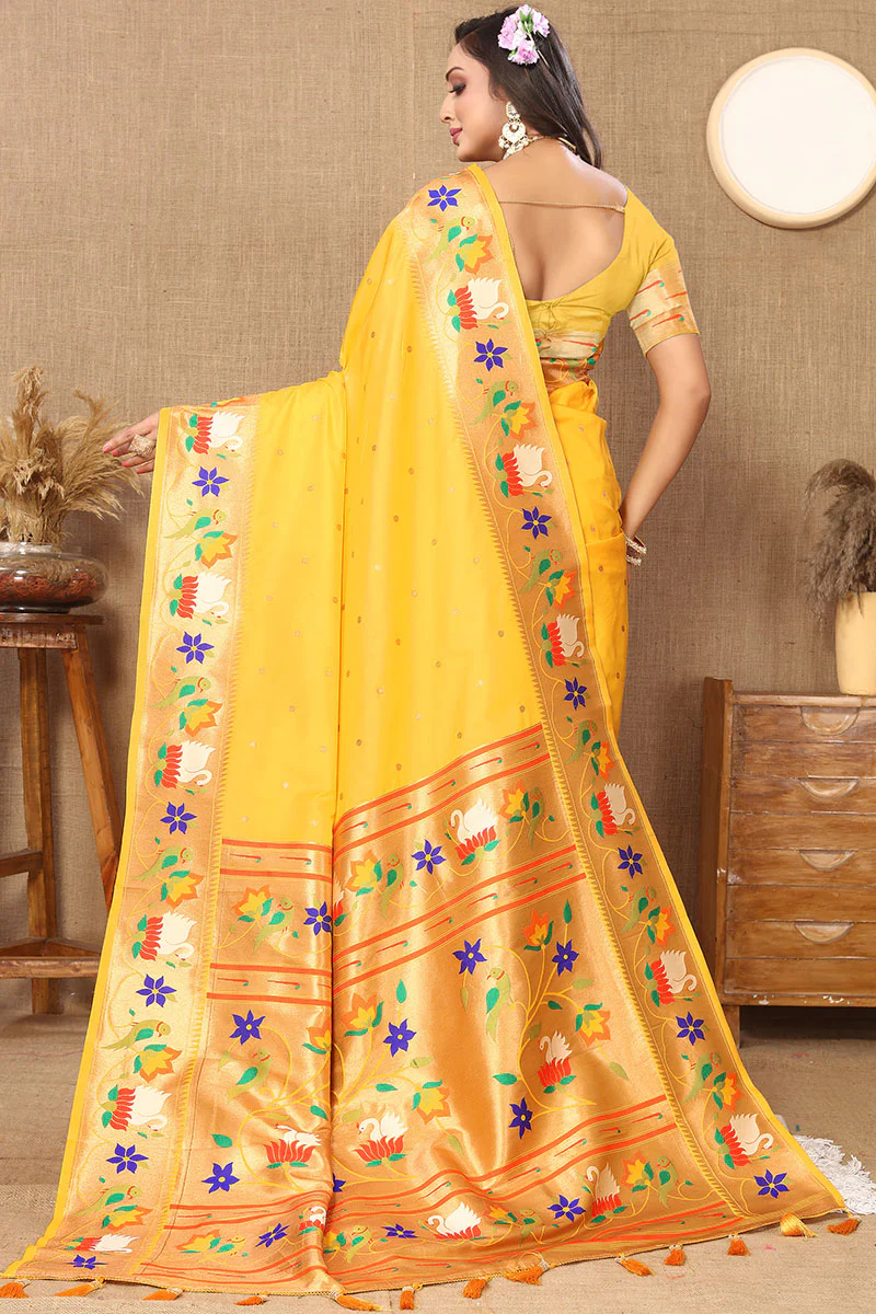 Denouement Yellow Paithani Silk Saree With Quintessential Blouse Piece - Image 5