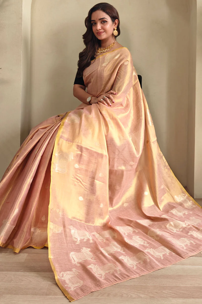 Deserving Baby Pink Soft Banarasi Tissue Silk Saree With Fugacious Blouse Piece - Image 2