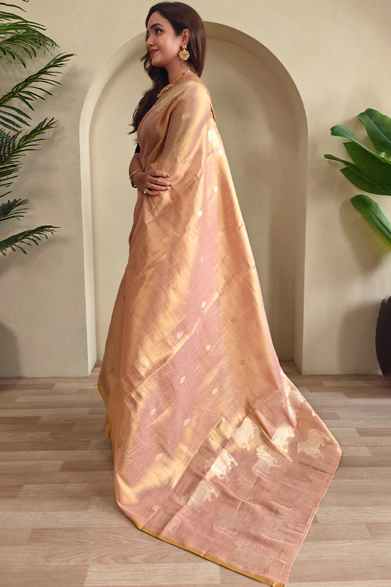 Deserving Baby Pink Soft Banarasi Tissue Silk Saree With Fugacious Blouse Piece - Image 4