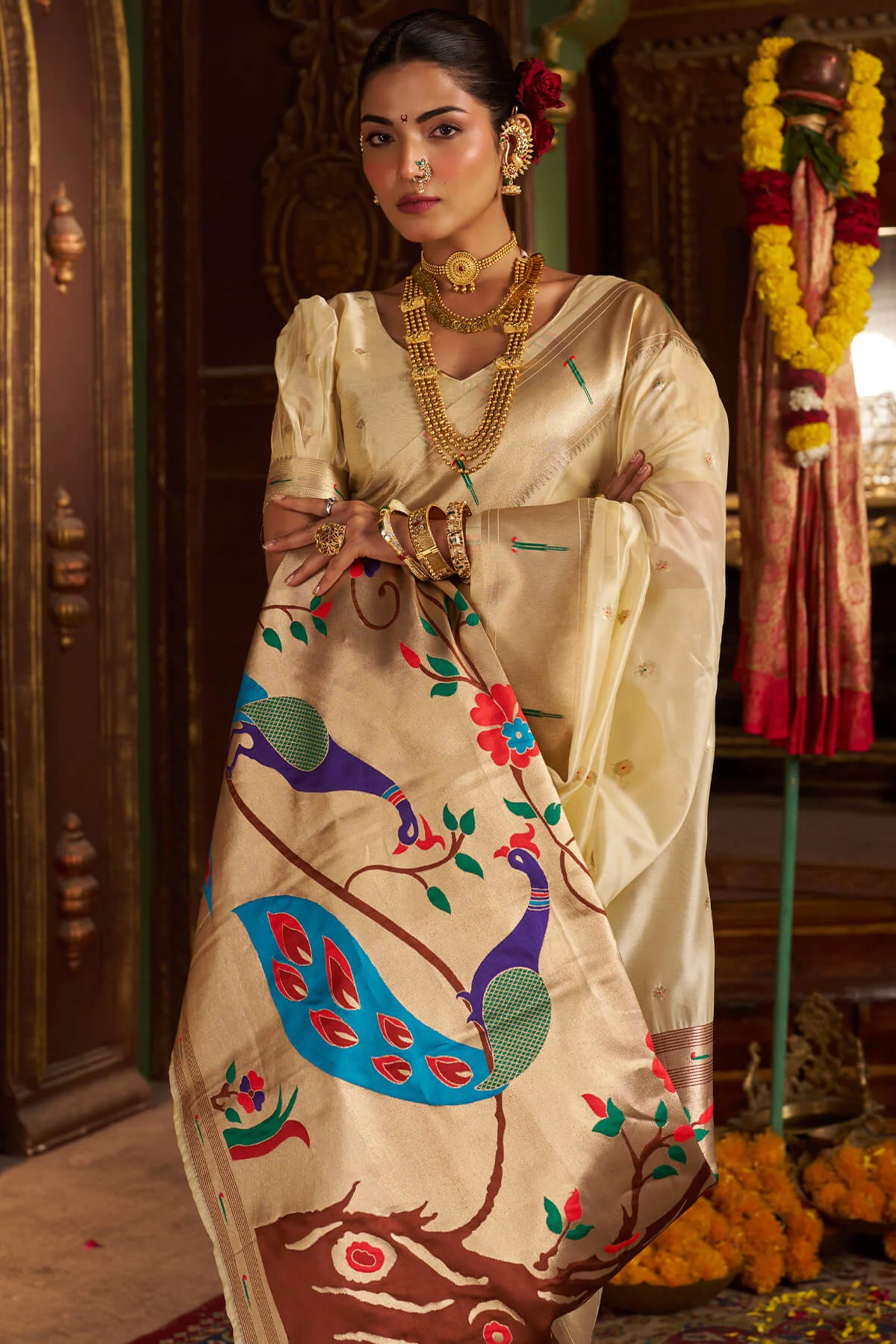 Deserving Beige Organza Paithani Silk Saree With Delightful Blouse Piece - Image 2