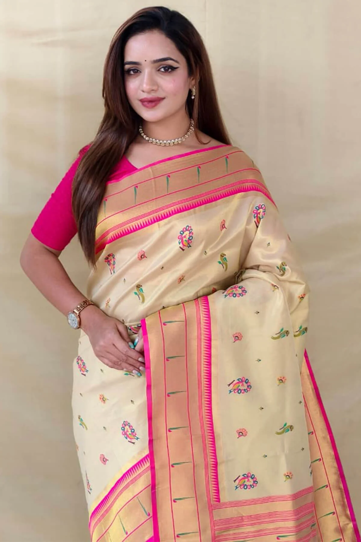 Deserving Beige Tissue Silk Paithani Saree With Ebullience Blouse Piece - Image 2