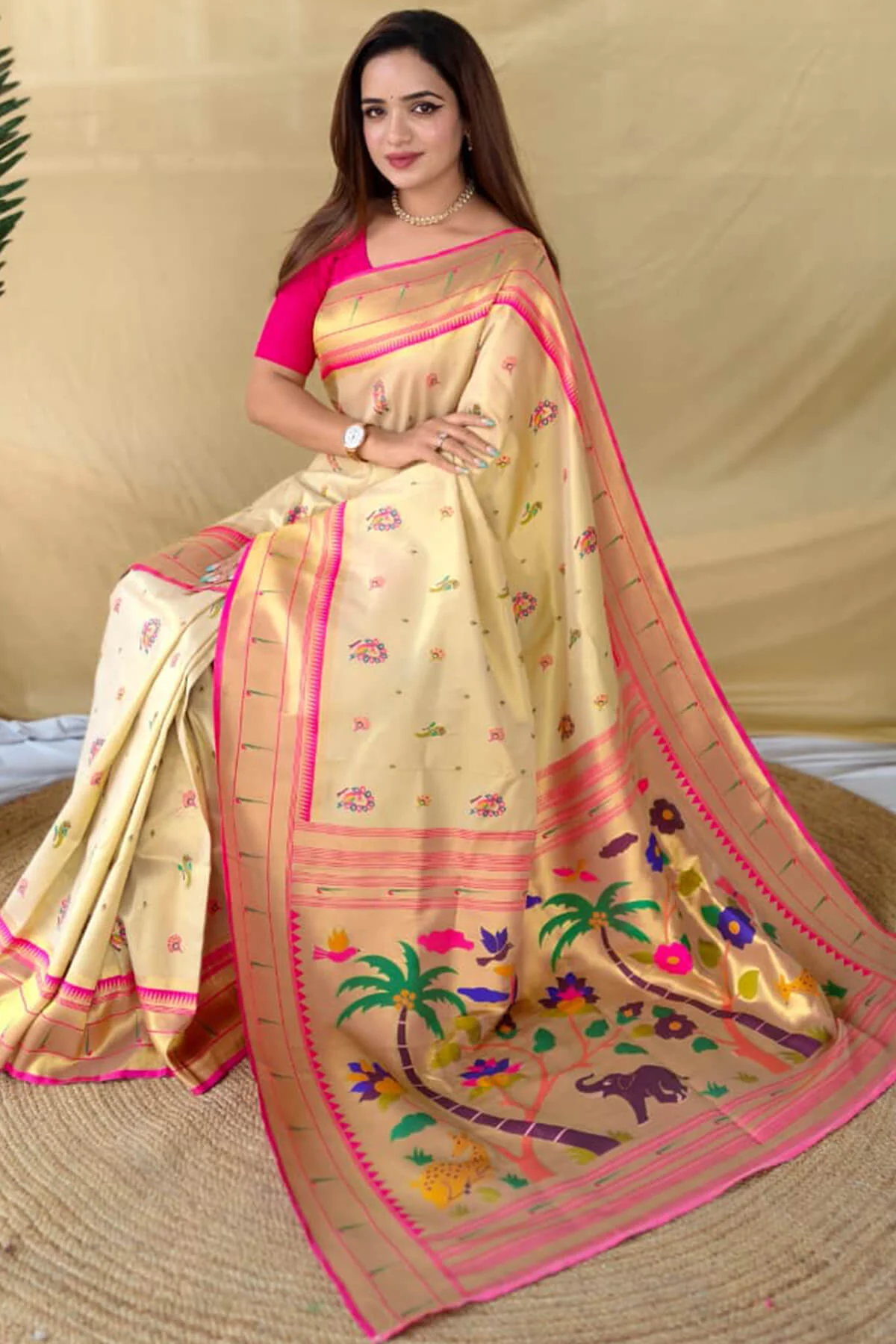Deserving Beige Tissue Silk Paithani Saree With Ebullience Blouse Piece - Image 5