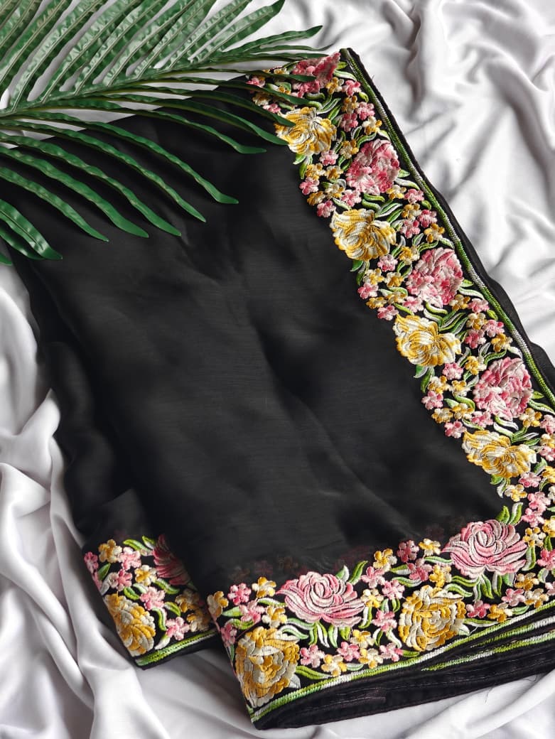 Deserving Black Embroidery Work Chiffon Silk Saree With Adoring Blouse Piece - Image 3