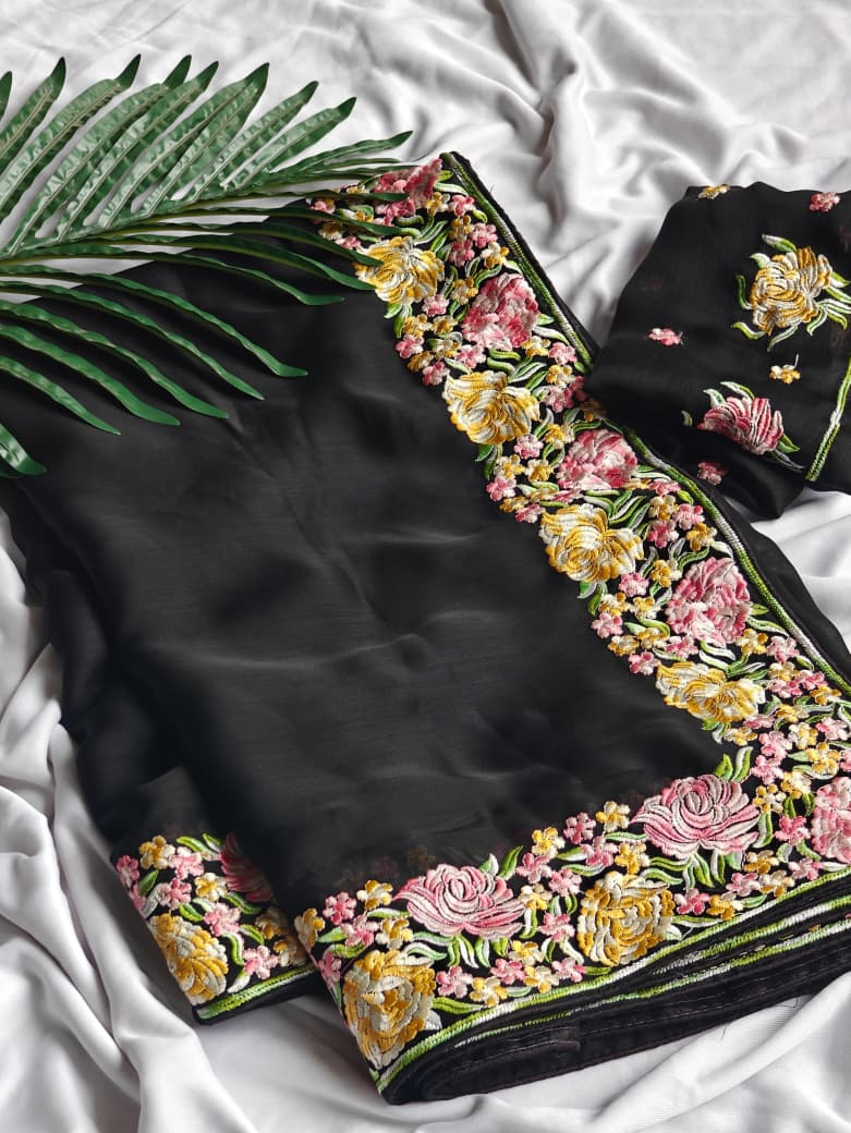 Deserving Black Embroidery Work Chiffon Silk Saree With Adoring Blouse Piece - Image 4