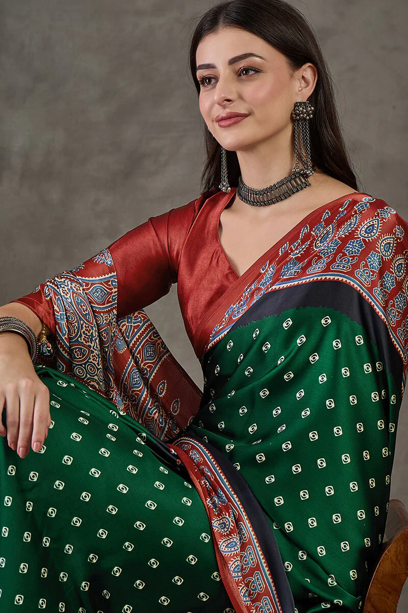 Deserving Dark Green Ajrakh Printed Semi Modal Silk Saree With Stunner Blouse Piece - Image 2