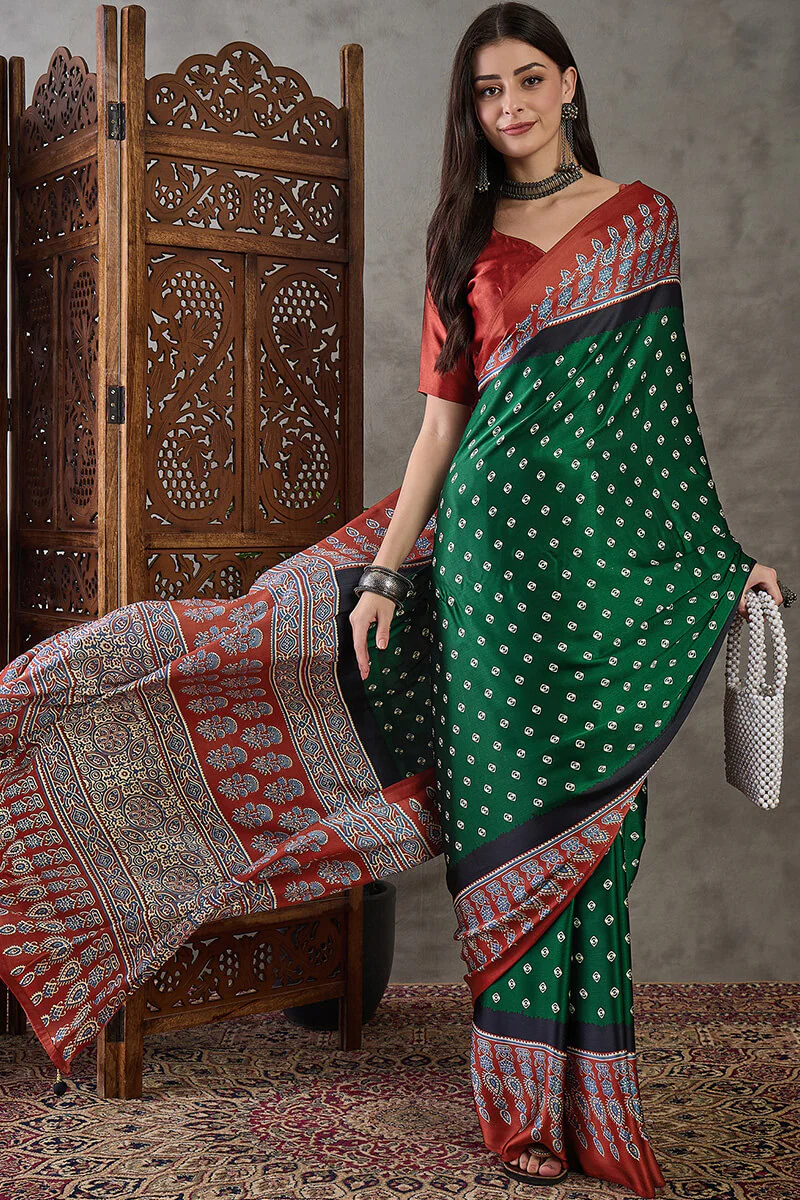 Deserving Dark Green Ajrakh Printed Semi Modal Silk Saree With Stunner Blouse Piece - Image 5
