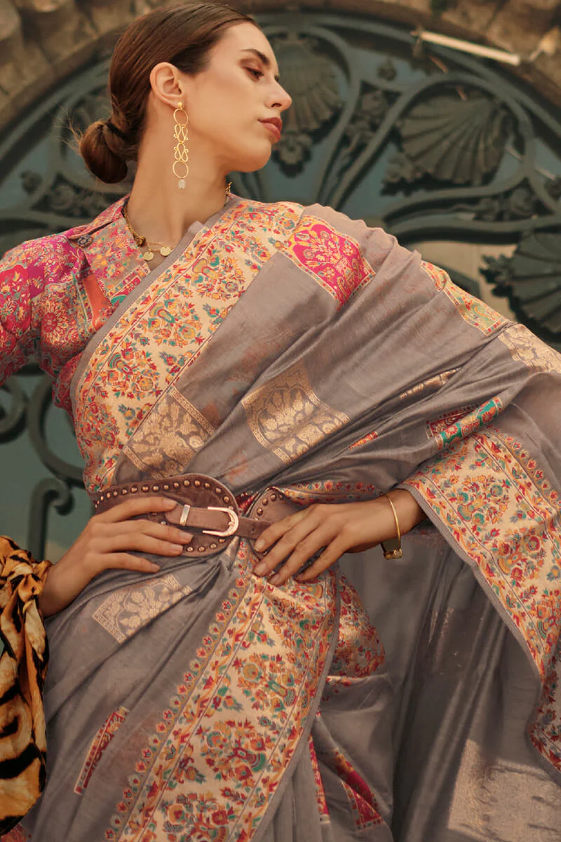 Deserving Grey Pashmina saree With Resplendent Blouse Piece - Image 2