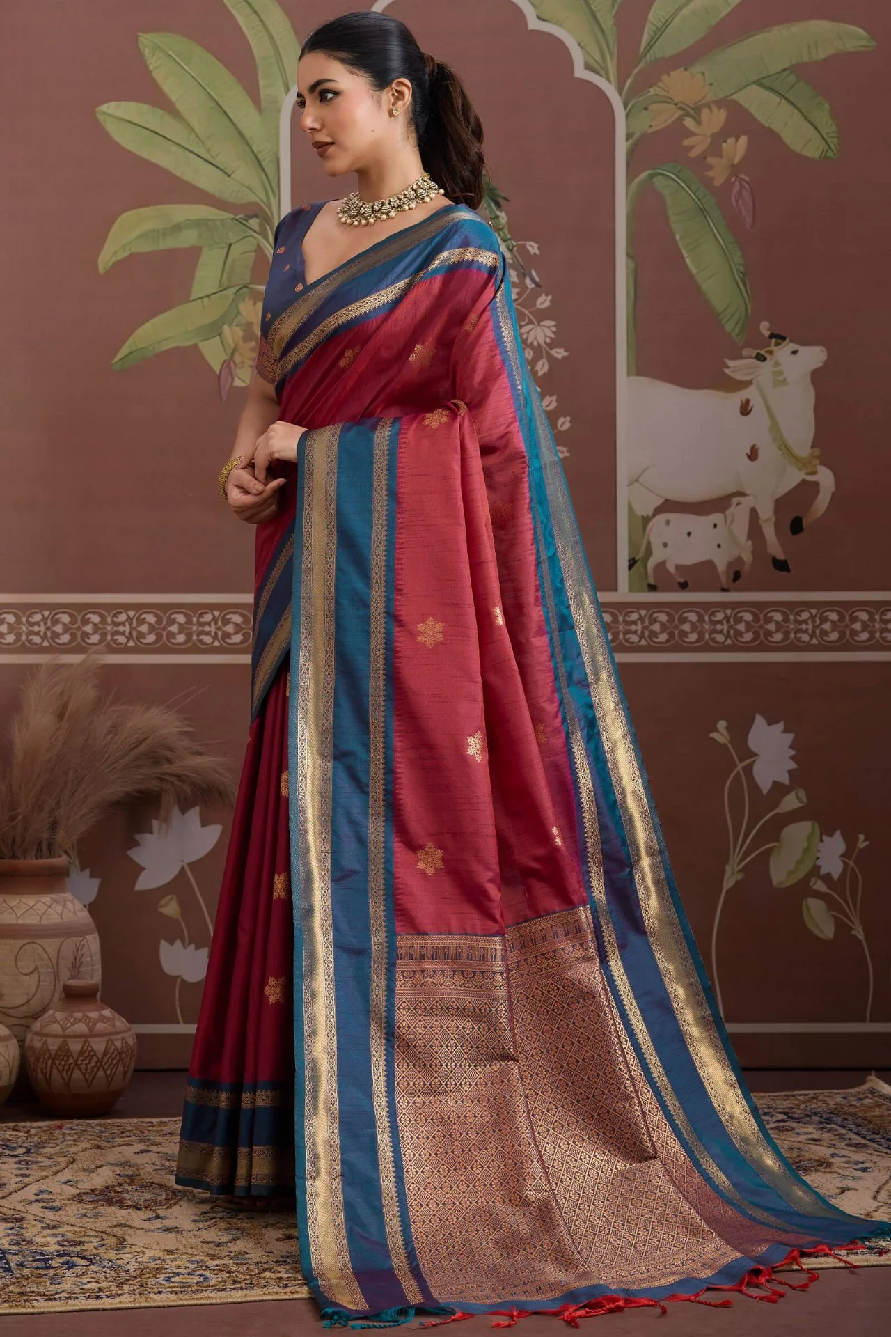 Deserving Maroon Banarasi Tussar Silk Saree With Beleaguer Blouse Piece - Image 3
