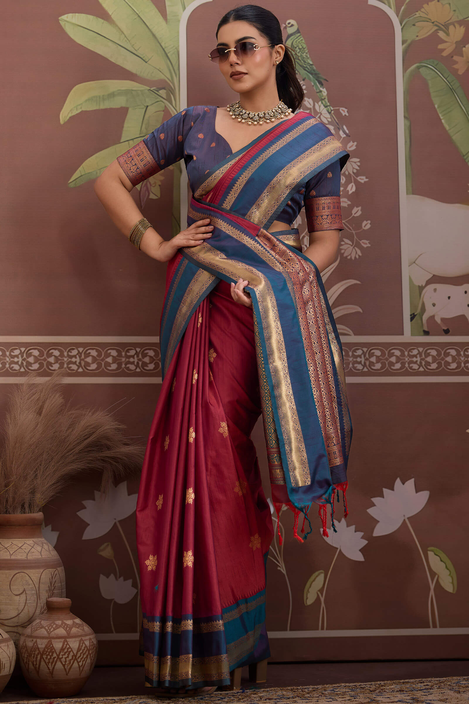 Deserving Maroon Banarasi Tussar Silk Saree With Beleaguer Blouse Piece - Image 5