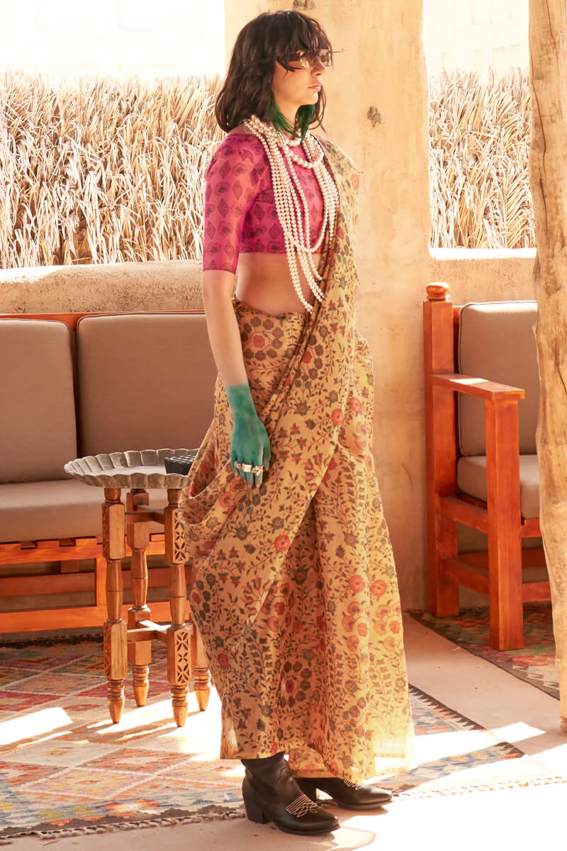Deserving Mustard Digital Printed Tissue Silk Saree With Impressive Blouse Piece - Image 3