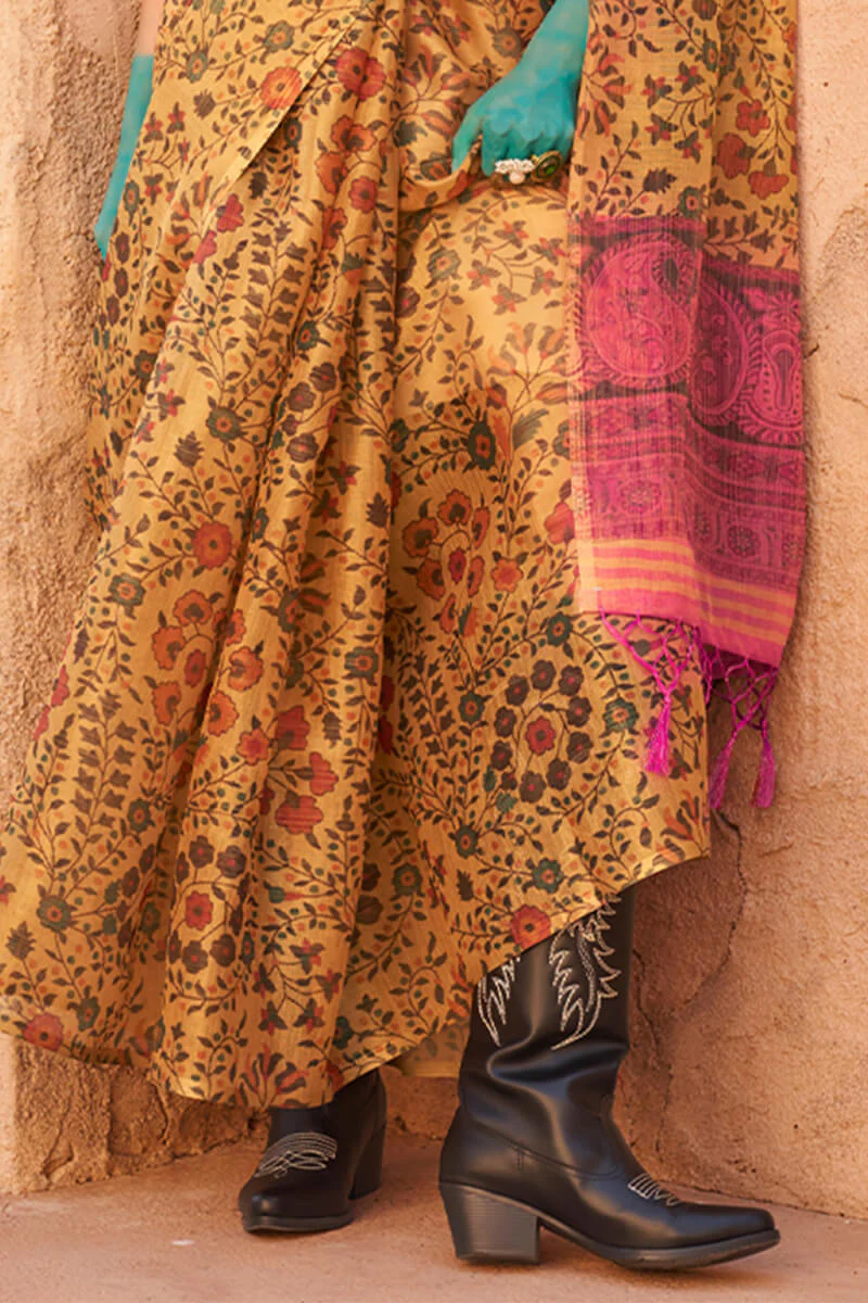 Deserving Mustard Digital Printed Tissue Silk Saree With Impressive Blouse Piece - Image 4