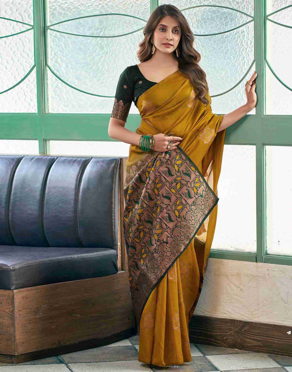 Deserving Mustard Soft Silk Saree With Designer Blouse Piece - Image 3