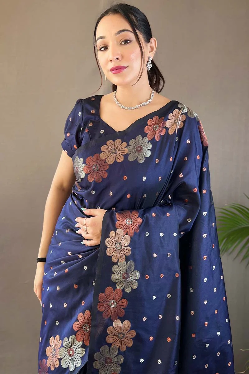 Deserving Navy Blue Soft Banarasi Silk Saree With Intricate Blouse Piece - Image 2