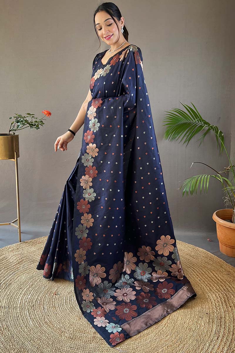Deserving Navy Blue Soft Banarasi Silk Saree With Intricate Blouse Piece - Image 3