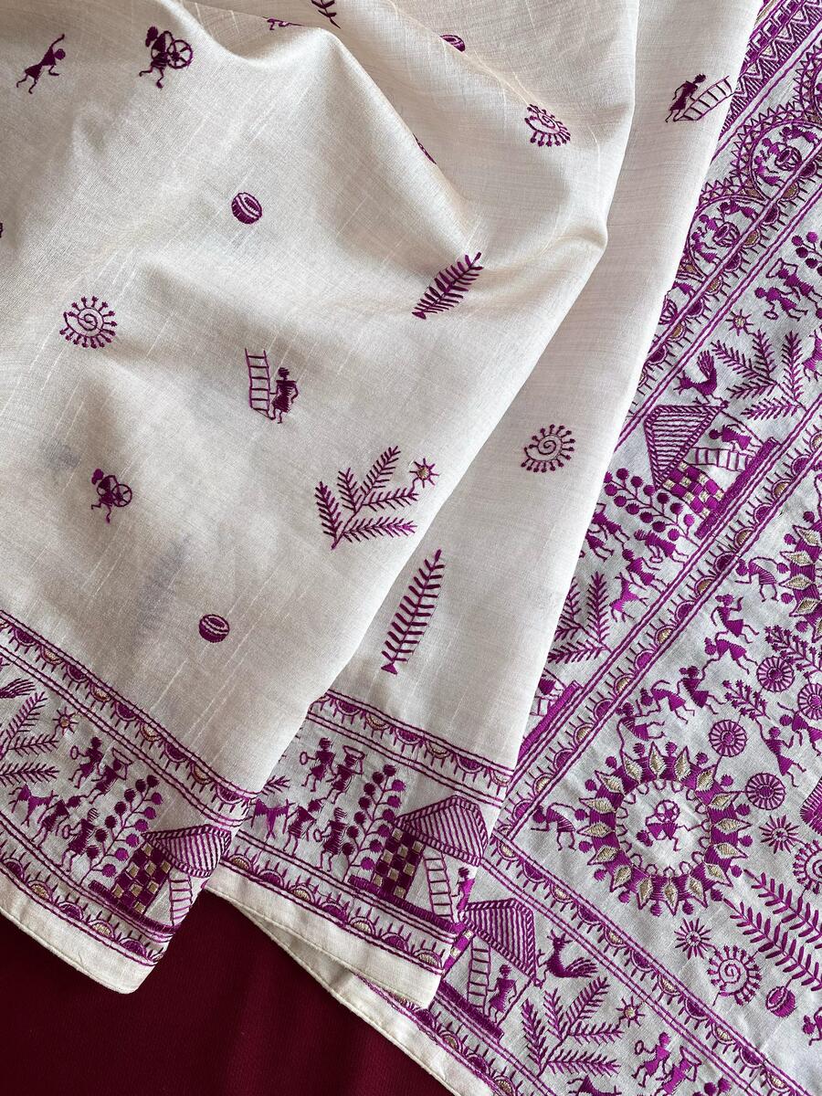 Deserving Off White Embroidery Work Tussar Silk Saree With Blooming Blouse Piece - Image 3