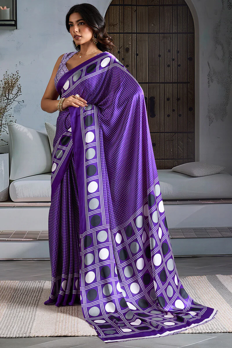 Deserving Purple Ajrakh Printed Satin Silk Saree With Lustrous Blouse Piece - Image 3