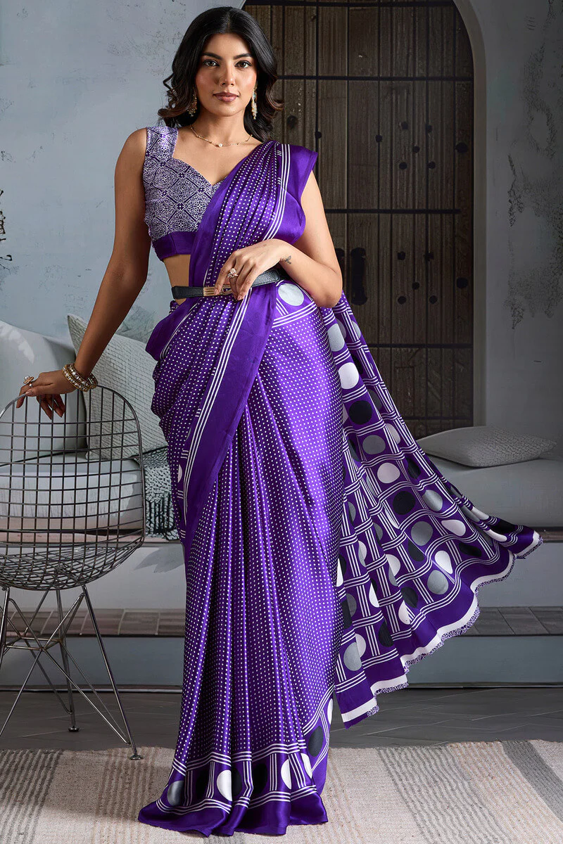Deserving Purple Ajrakh Printed Satin Silk Saree With Lustrous Blouse Piece - Image 5
