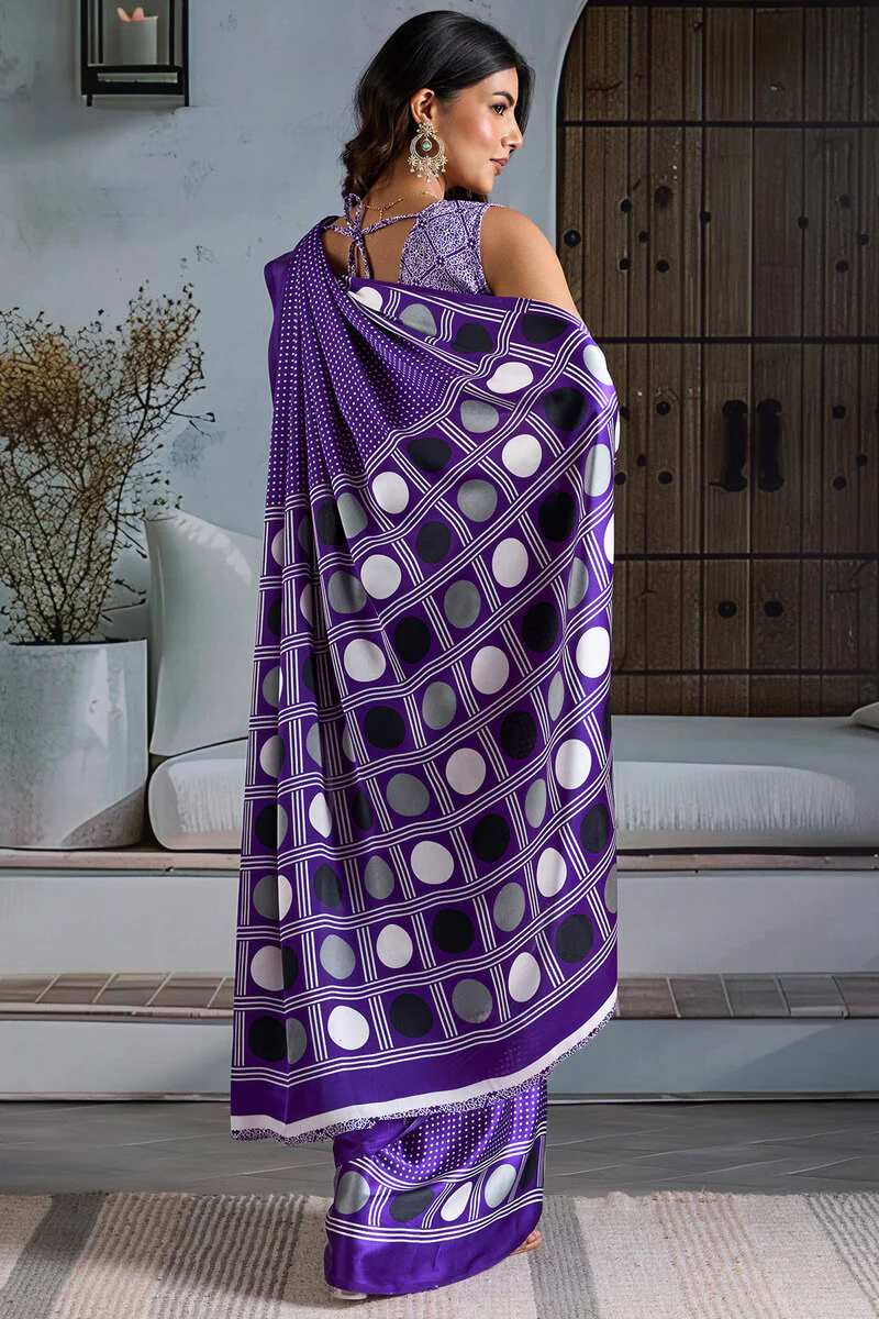 Deserving Purple Ajrakh Printed Satin Silk Saree With Lustrous Blouse Piece - Image 6