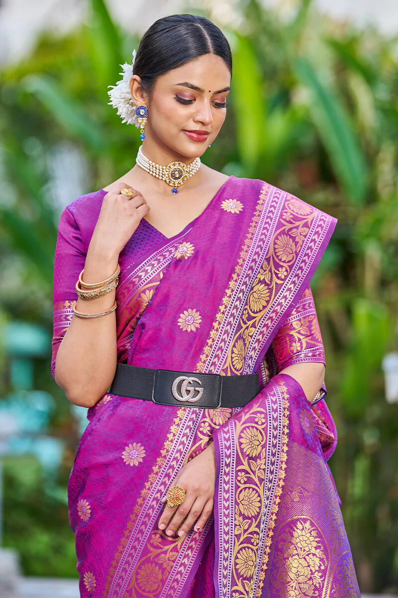 Deserving Purple Kanjivaram Silk Saree With Epiphany Blouse Piece - Image 2