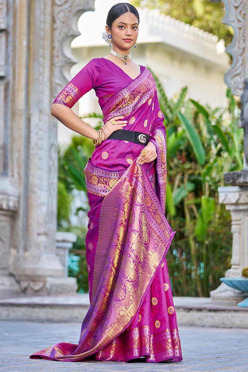 Deserving Purple Kanjivaram Silk Saree With Epiphany Blouse Piece - Image 4