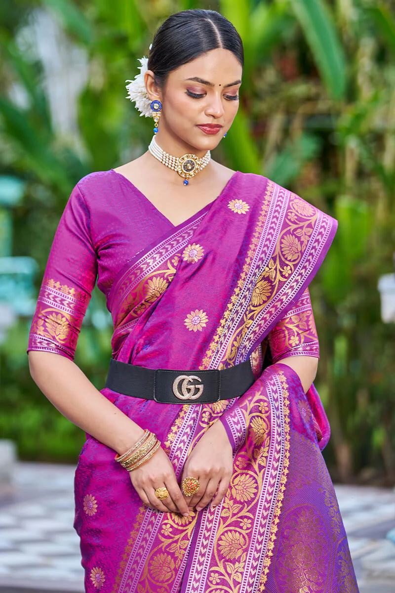 Deserving Purple Kanjivaram Silk Saree With Epiphany Blouse Piece - Image 6